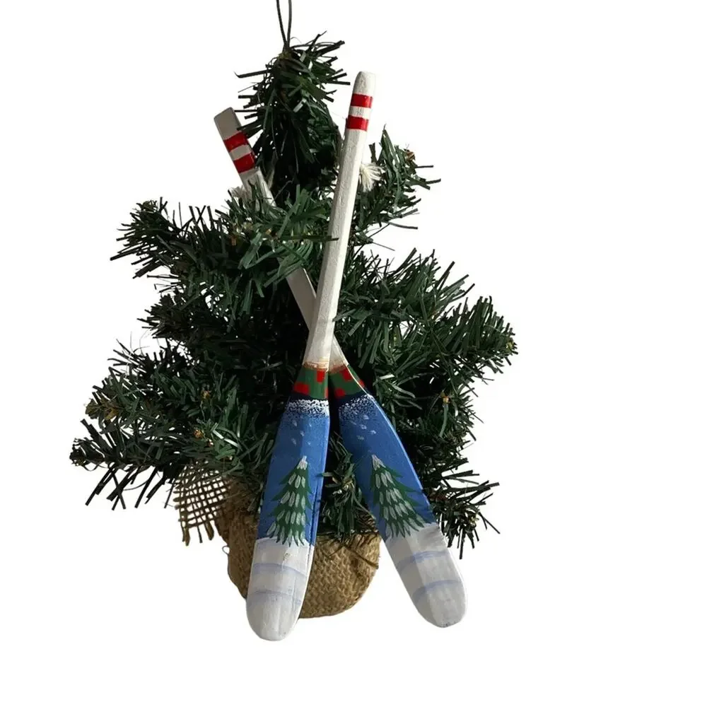 Vintage Wooden Canoe Oar Paddle Christmas Ornament Hand Painted Tree Pair Cabin